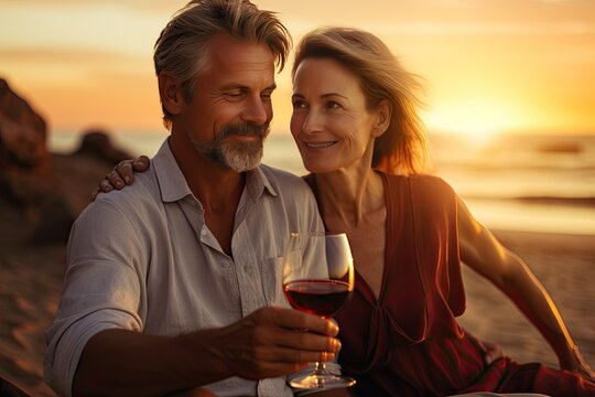 Close-up photo of a loving middle aged couple during date on the beach at sunset. They are sitting on the sandy beach with wine. Relationships concept. - Powered by Adobe