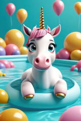 Fototapeta premium Happy birthday greeting card. Cute unicorn floating in water in swimming pool on turquoise background.