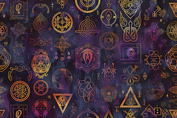 A gold and black patterned background with many different shapes and symbols, generative ai image..