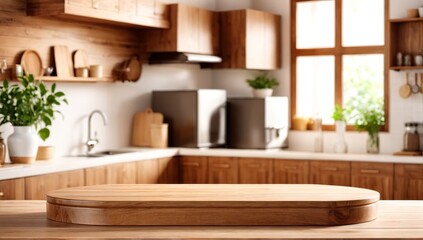 Wood table top on blurred kitchen background. can be used mockup for montage products display or design layout