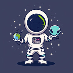 Cute Astronaut With Cute Alien , holding saving Earth, Waving Hand In Space Together Cartoon Vector Icon Illustration Science Technology Icon Concept Isolated Premium Vector. Flat Cartoon Style