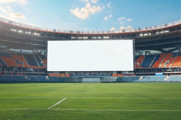 an empty stadium with a large screen