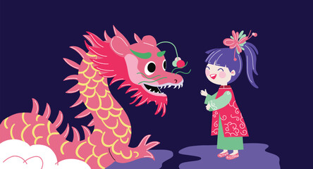 Pink Dragon Befriending Little Japanese Girl. This charming flat vector minimalist illustration depicts a heartwarming scene where a pink dragon befriends a little Japanese girl. Adobe Photoshop Art