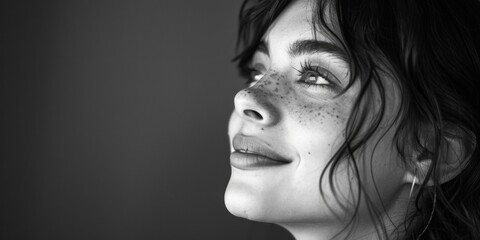 Close-up of a woman's face with distinctive freckles, suitable for personal or editorial use