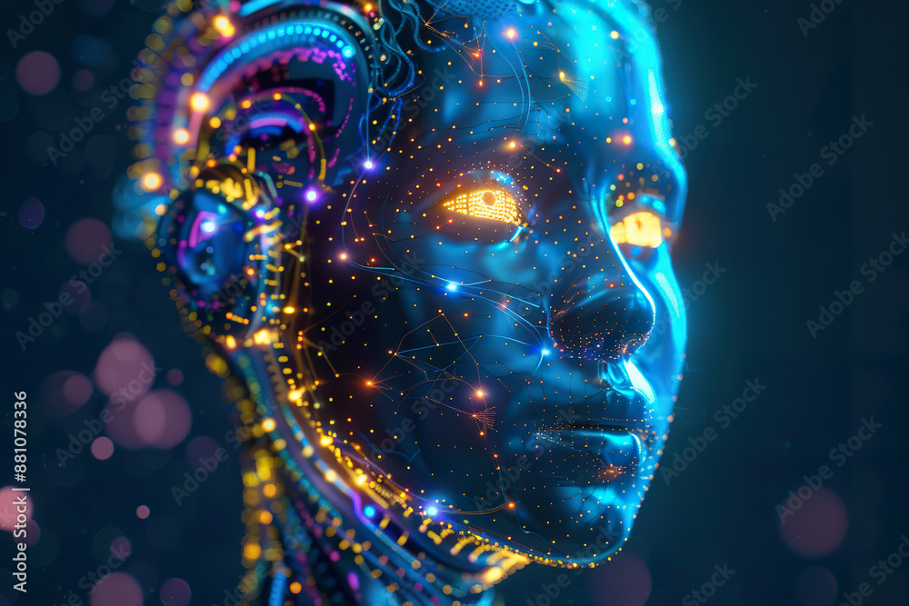 Canvas Prints the face is surrounded by a network of glowing lines and dots, generative ai image.