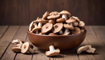Fototapeta premium Shiitake mushroom in a bowl on wooden background