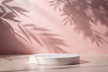 White stone podium on a pink background with blurred shadows from leaves. Concept scene stage showcase for new product, promotion sale, banner, presentation, cosmetic