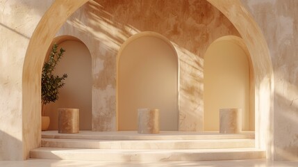 warm light Arched door, three pedestals, light beige background  " ai generated "
