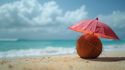 Coconut with Umbrella on Tropical Beach