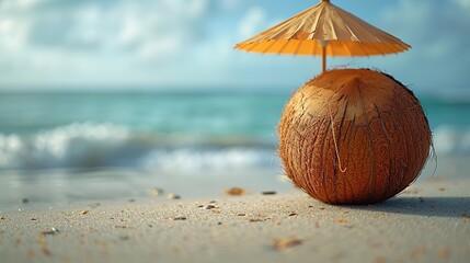 Coconut on the Beach with an Umbrella