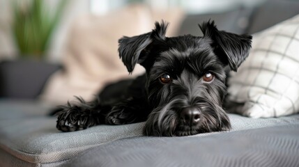 Closeup of a black mini schnauzer dog relaxing on a gray sofa in a cozy living room setting Relationship with pets depicted