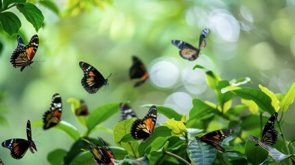 Obraz premium Butterflies Flying Through Green Lush Foliage On A Sunny Day