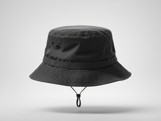 black bucket hat mockup sits alone on a crisp white background, ready for summer adventures.  This cheerful hat is a perfect addition to any beach day or poolside relaxation.