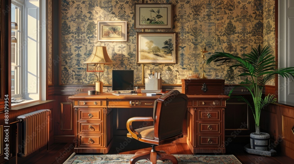 Wall mural brown desk and wallpaper