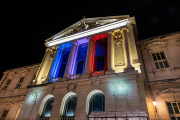 Beautiful night view of Nice Courthouse (Palace of Justice, 1885) - imposing law courts built in neoclassical style at Place du Palais. Nice, French Riviera, France.