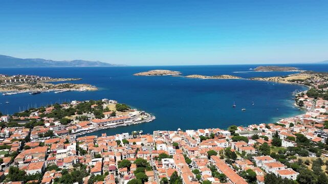Eski Foca aerial drone view, a popular resort on the Aegean coast in Izmir, Turkey