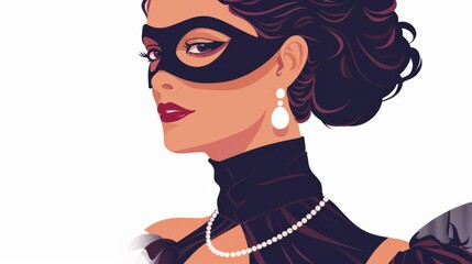 a classy woman, masquerade ball, flat color illustration, mysterious, isolated on white background