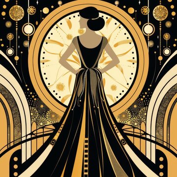Fashionable lady in a chic dress, flat , art deco style, gold and black, ornate patterns
