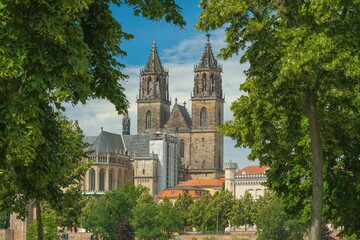 Sommerlicher Magdeburger Dom vom Stadtpark Rotehorn aus gesehen