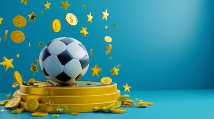 blue podium with football ball, golden stars and coins floating around it on the right side of picture