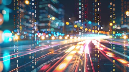 Obraz premium Binary Code Over Cityscape with Blurred Lights