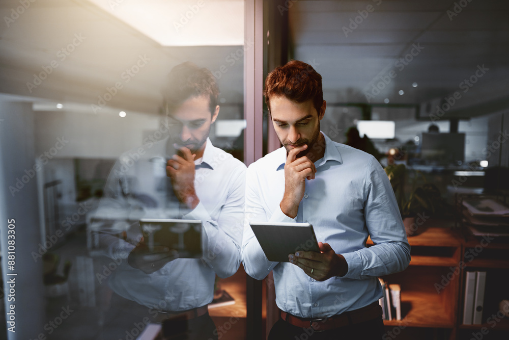 Poster Businessman, tablet and night with thinking, research and overtime work and data analysis. Web designer, technology and database for man, cloud computing and b2b networking for online communication