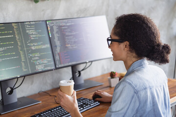 Profile photo of young girl professional hacker display coffee loft interior modern office indoors