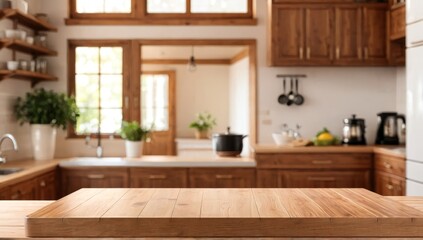 Wood table top on blurred kitchen background. can be used mockup for montage products display or design layout