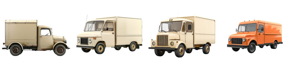 Fototapeta premium Vintage delivery vans from different eras lined up against a white background, showcasing the evolution of transportation design.