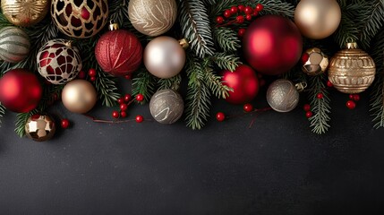 Christmas ornaments and pine branches in a decorative arrangement