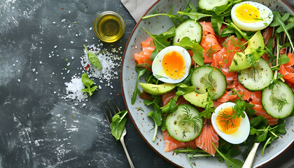 Ketogenic diet breakfast. Salt salmon salad with greens, cucumbers, eggs and avocado. Keto/paleo lunch. Top view