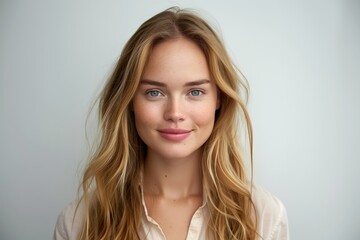 A woman with blonde hair and blue eyes is smiling for the camera. She is wearing a white shirt and has a necklace around her neck