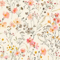 Vintage Floral Pattern, soft pastel pink and grey tones with hints of peachy red and yellow flowers