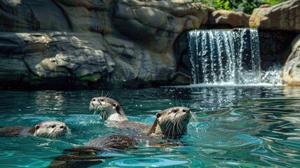 Fototapeta premium A playful family of otters swimming in a large, naturalistic zoo habitat with a waterfall