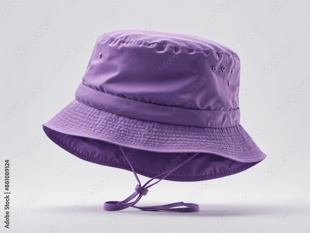 Wall mural purple bucket hat mockup sits alone on a crisp white background, ready for summer adventures.  This cheerful hat is a perfect addition to any beach day or poolside relaxation.