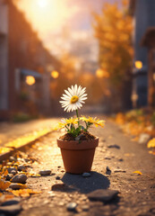 autumn leaves pot on the street 