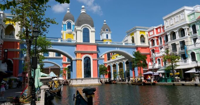 Colorful buildings like in Venice Italy in city Grand World Phu Quoc Island Vietnam Kien Giang Province, Vietnam Grand World Phu Quoc. famous entertainment, entertainment and shopping