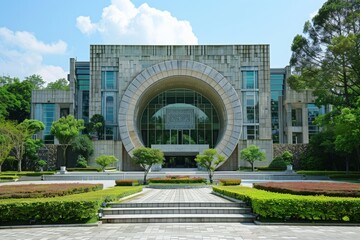 Fototapeta premium Modern architectural building with lush garden