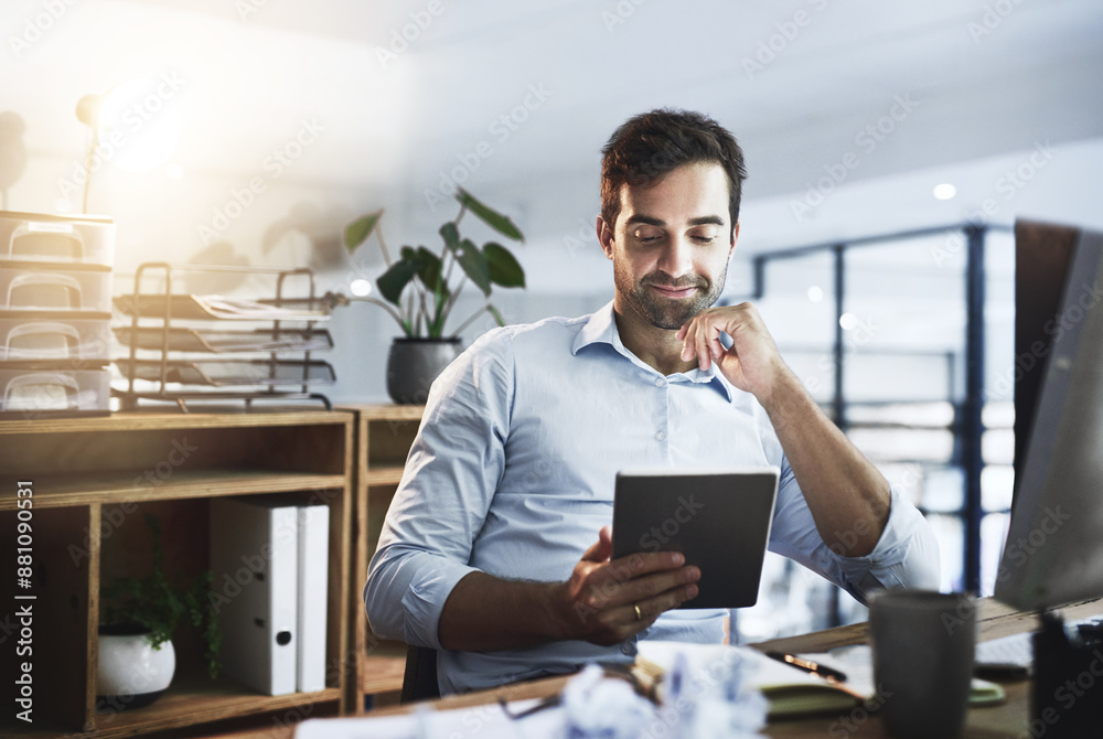 Leinwandbilder Programmer, thinking and tablet with office, research and overtime work and data analysis. Web designer, technology and database for man, cloud computing and b2b networking for online communication