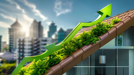 Rising green graph curves upwards on a rooftop, symbolizing accelerating housing prices and booming real estate market growth potential.