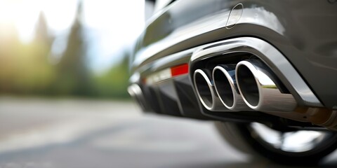 Naklejka premium Detailed image of shiny car exhaust pipe. Concept Car Exhaust, Shiny Metal, Vehicle Maintenance, Automotive Photography, Close-up Shot