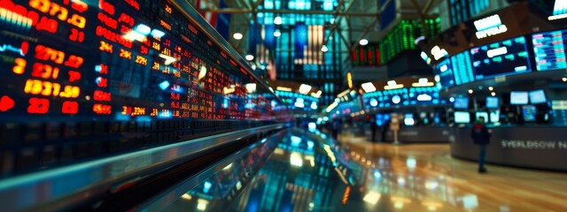 financial stock screen display trade market. economical business company growth. numbers glowing. wide banner wallpaper background for ads, web design, print, sites