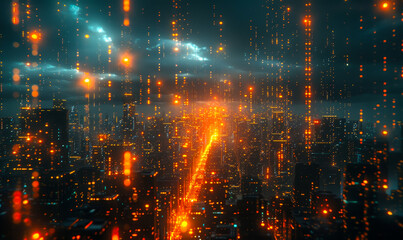 Obraz premium Futuristic Smart City in Metaverse: A Hub of Technology, Innovation, and Advancement at Night with Cyber Elements and Glowing Data Streams