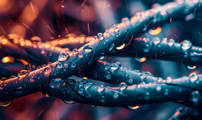 Abstract Tangle of Wet Wires with Water Drops and Sparkles, Reflecting Light, Rainy Mood, Technology and Nature Interplay, Vibrant Colors, Close-Up Detail