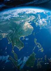Photorealistic 3D Render of Earth from Space Showing Japan and Asia at Night, Lights Visible, Global Environmental Awareness