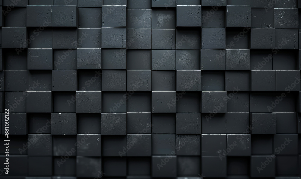 Poster futuristic high tech 3d render of dark cubic tile wall structure with grid pattern and offset blocks