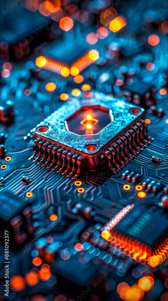 Poster cybersecurity concept with glowing microchip lock on circuit board - digital protection and data sec
