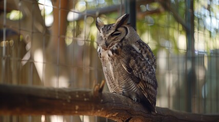 A serene owl resting on a branch in a quiet corner of a large aviary