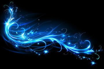 Abstract background with glowing blue swirly shape on black with copy space.