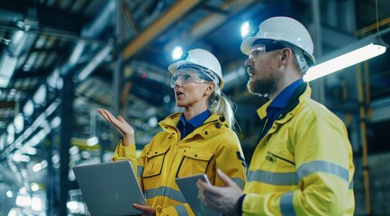 Engineers wearing safety gear discussing project in industrial factory